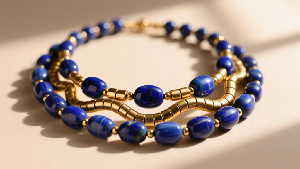 Close-up of asymmetrical necklaces made from beads, mixing lapis lazuli and gold heishi against a soft neutral studio backdrop