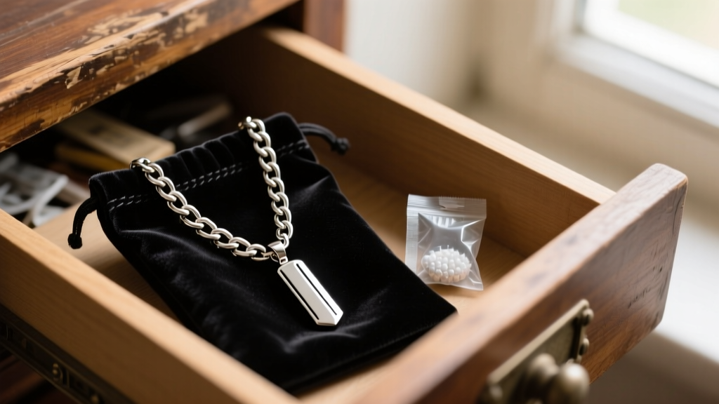 A heavy Cuban link chain and razor pendant stored inside an anti-tarnish velvet pouch next to a silica gel packet in a drawer