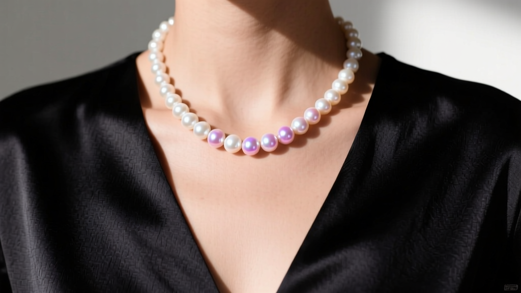 Collarbone close-up showing a 16-inch Majorica pearl Spanish necklace over a deep black silk V-neck blouse in natural daylight