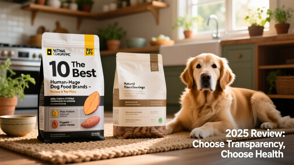Side-by-side comparison of two dog food labels: one clearly listing USDA-certified facilities and named ingredients, the other with vague terminology and unlisted sources