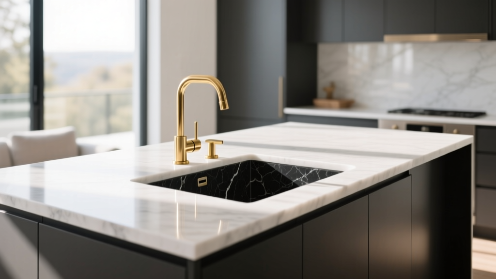 Modern kitchen island featuring a matte black composite granite sink paired with brushed gold fixtures and white quartz countertops