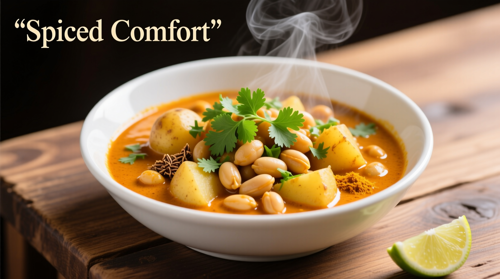 Potato garbanzo bean curry in white bowl with fresh cilantro