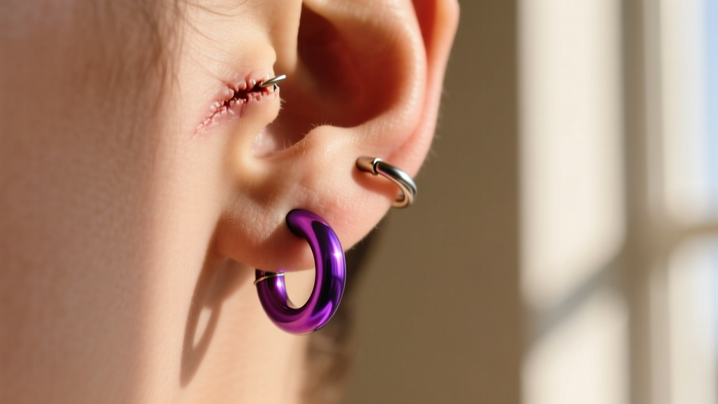 Side profile of a healed cartilage piercing featuring a seamless anodized niobium clicker hoop in vibrant iridescent purple hues.