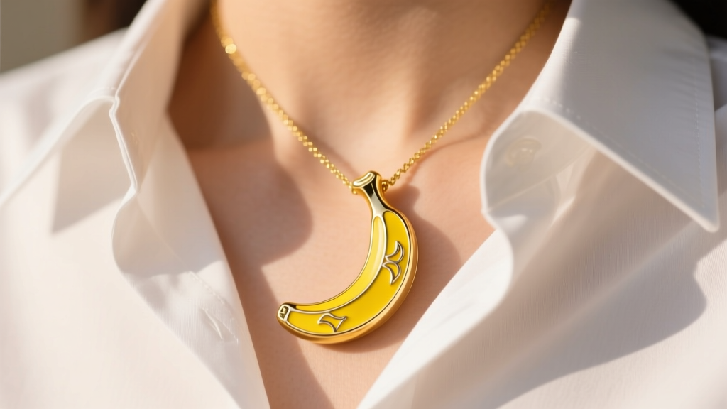 Gold vermeil banana pendant with yellow cold enamel, worn over a crisp white button-down shirt in bright natural sunlight