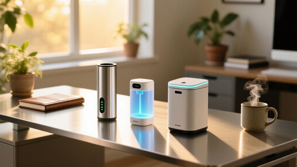 Modern home office desk featuring a sleek metallic desktop vacuum, UV sanitizer, and smart trash can in warm morning sunlight