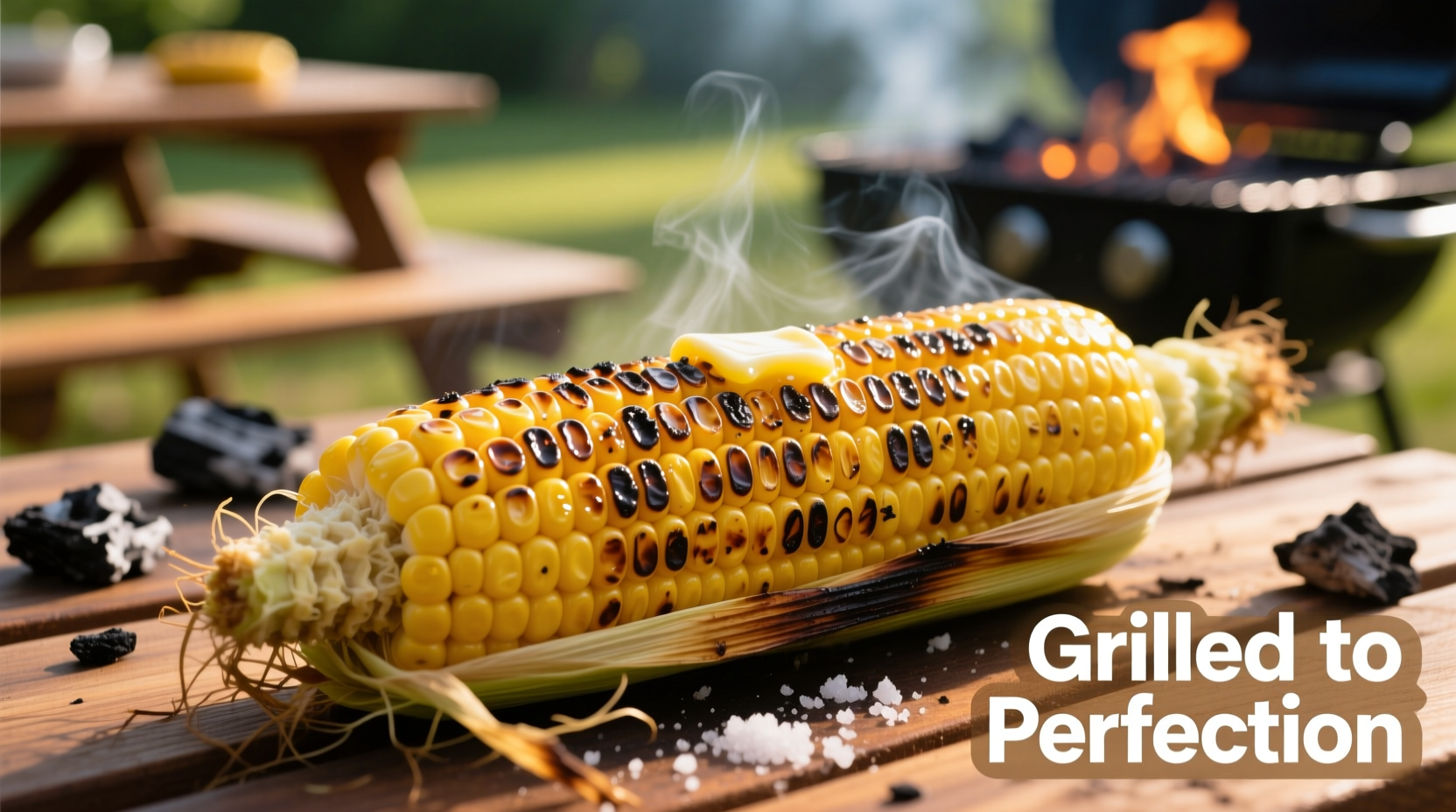 Fresh grilled corn with char marks on cob