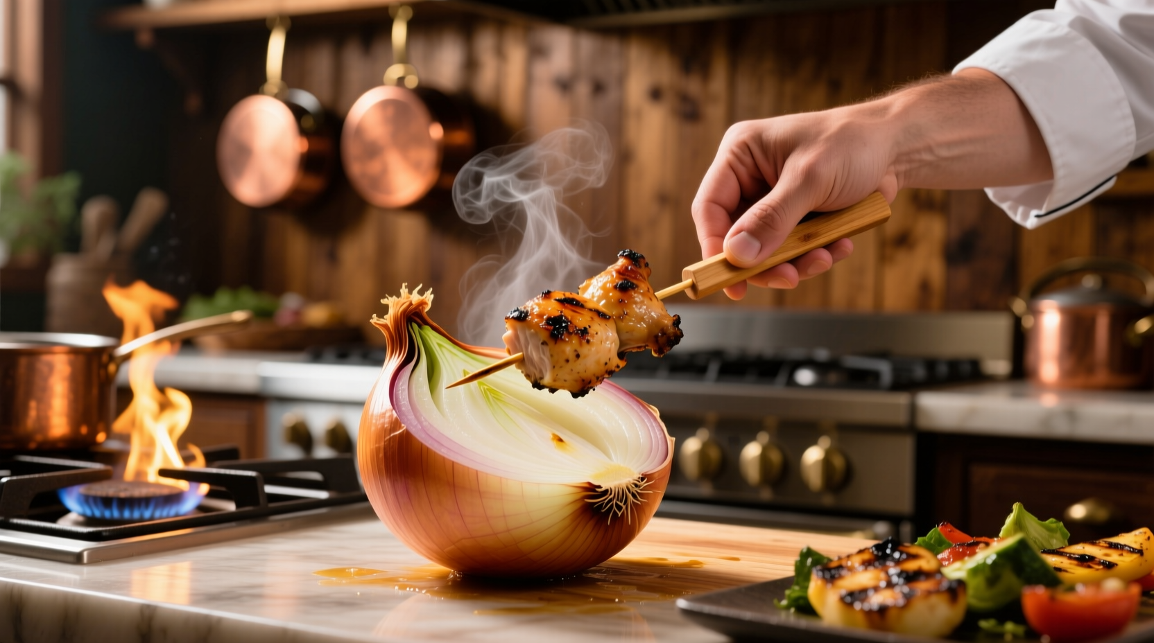 skewer food not your hands with the help of an onion