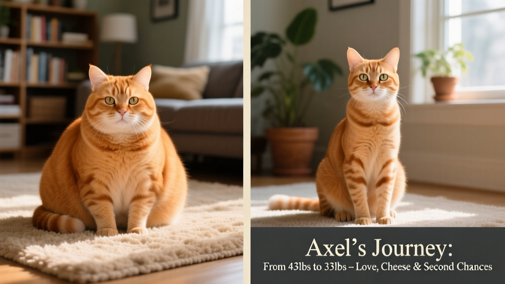 Side-by-side photos showing Axel at 43 pounds (left) and 33 pounds (right), both seated calmly on a rug