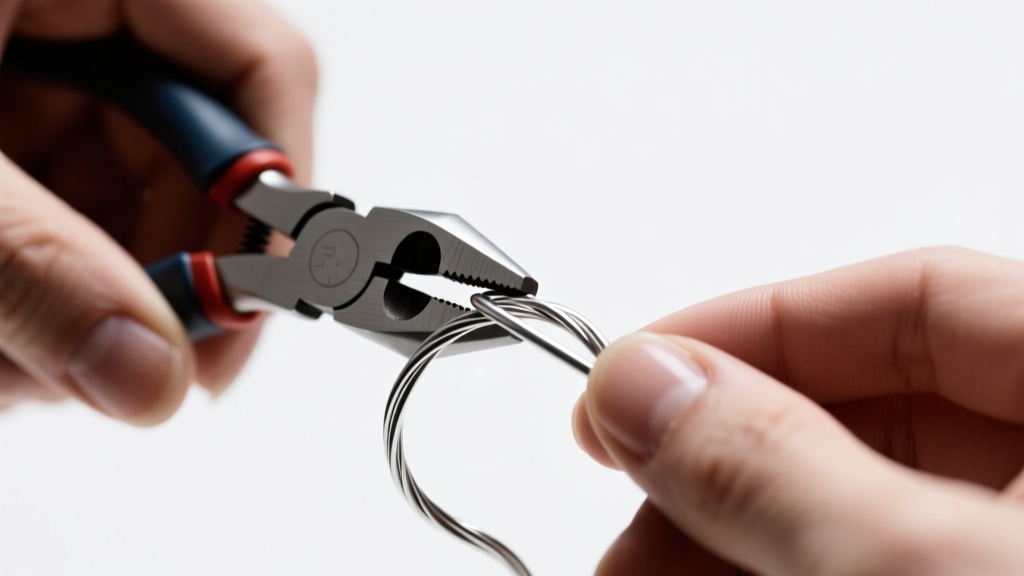Close-up of hands using nylon jaw pliers to bend 18-gauge half-hard sterling silver wire under bright ring light illumination.