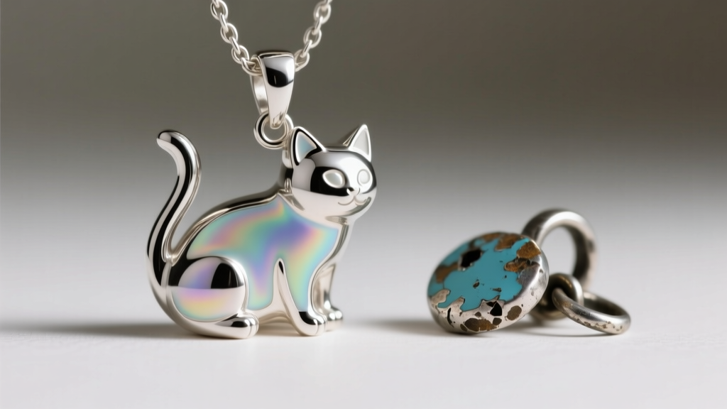 Macro shot comparing smooth vitreous enamel on a sterling silver cat pendant against peeling paint on a cheap zinc alloy charm