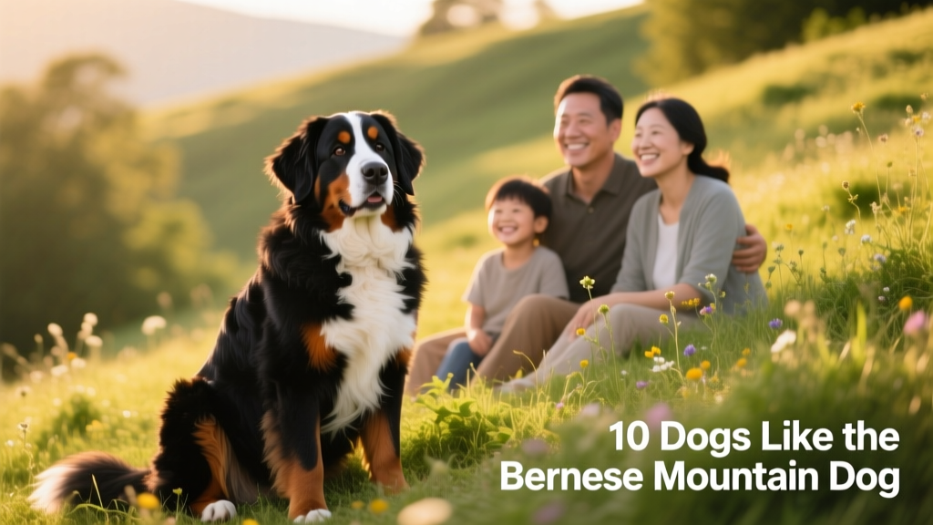 A Bernese Mountain Dog sitting calmly beside a family on a grassy hill, showcasing its tri-color coat and gentle expression