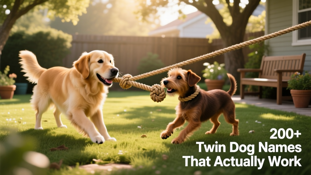 A playful photo of two dogs—one golden and one brown—tugging gently on opposite ends of a woven rope toy in a sunlit backyard