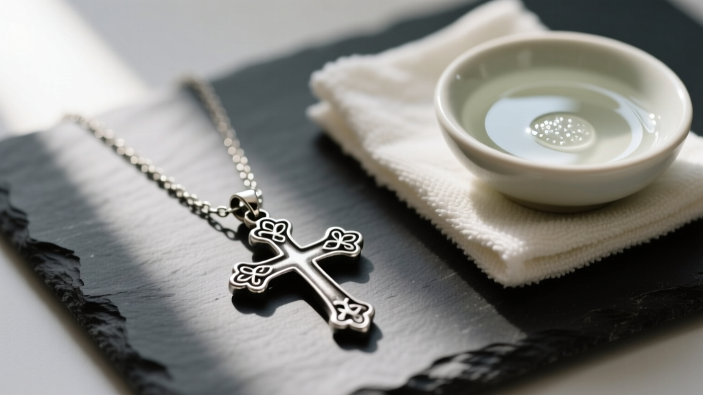 Tarnished sterling silver boys cross necklace on dark slate next to a microfiber cloth and a small bowl of mild soapy water.