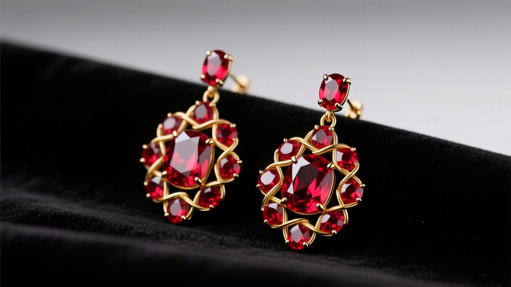 Red gemstone chandelier earrings on dark velvet, showing intricate gold wirework and faceted stones under soft studio lighting.