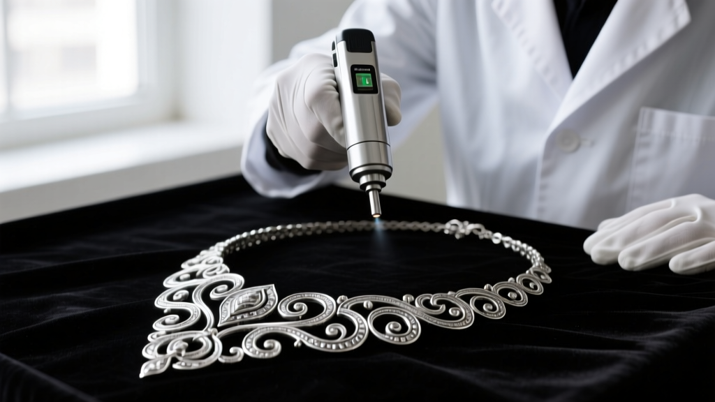 Jeweler using a handheld XRF metal analyzer gun to scan an ornate oxidized 925 silver statement necklace resting on black velvet.