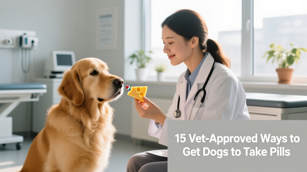 A calm golden retriever sitting beside a veterinarian who is gently offering a pill wrapped in cheese
