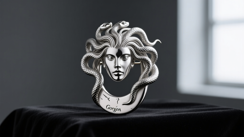 Unpolished silver Gorgon earring casting showing textured snake hair and rough sprue marks on a dark jeweler's bench.
