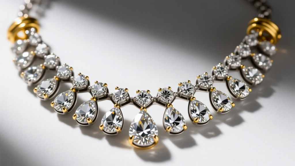 Macro shot of a vintage diamond bib necklace with pear-cut and marquise stones set in oxidized silver and 18k yellow gold clasps