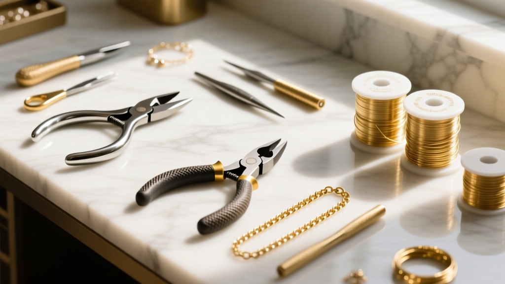 Overhead view of a jewelry bench with flush cutters, chain-nose pliers, and 24-gauge gold-filled wire spools in bright daylight