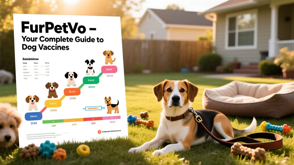 Colorful vaccination chart showing puppy and adult dog schedules, with FurPetVo branding
