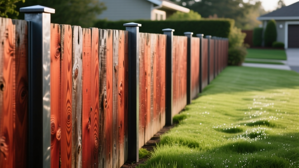 Weathered western red cedar fence boards with visible grain and dark steel post caps set against a lush green suburban lawn