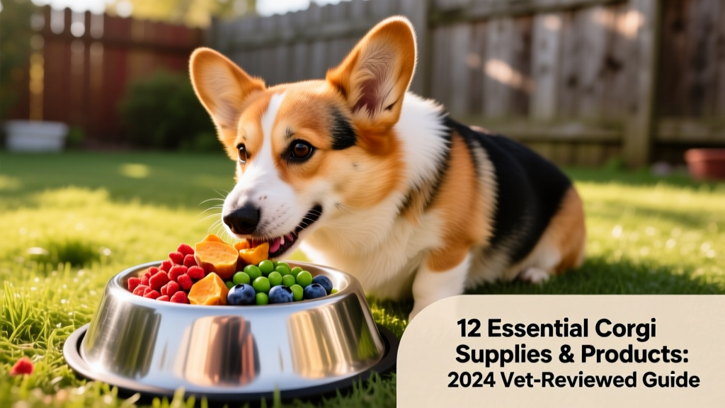 Corgi eating from a stainless steel bowl filled with fresh, colorful dog food