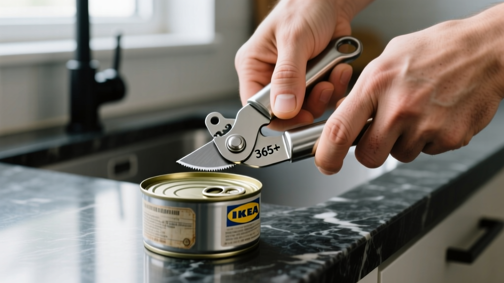 Close-up of hands using stainless steel IKEA 365+ side-cutting can opener on a tin can on a dark granite kitchen countertop