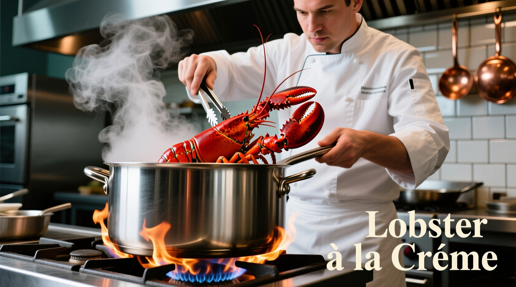 Chef preparing whole lobster in large stockpot
