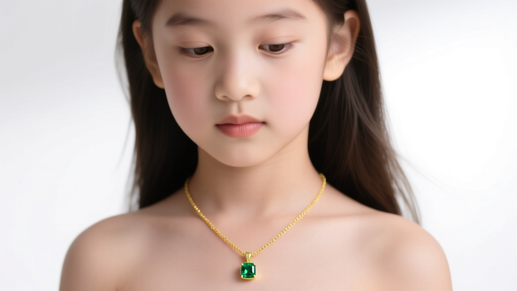 Young girl wearing a 12-inch 14k yellow gold necklace with a tiny flush-set emerald birthstone pendant resting on her chest