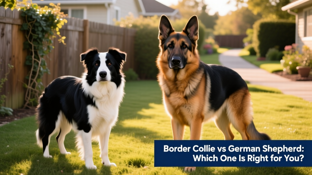 Side-by-side comparison of a Border Collie and a German Shepherd standing calmly outdoors