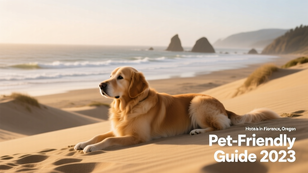 Golden retriever relaxing on a sandy dune near Florence, Oregon, with ocean in background