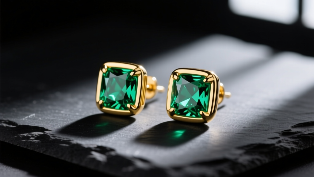 Macro shot of lab created emerald stud earrings in 18k yellow gold bezel settings on dark slate with dramatic side lighting.