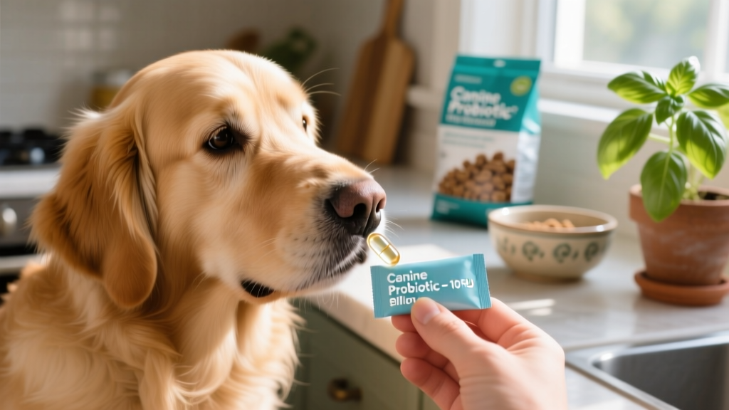 Close-up of a dog gently sniffing a small probiotic capsule held in a human hand