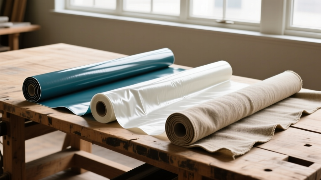Rolls of marine vinyl, PUL, and treated canvas fabrics unrolled on a large wooden workbench for a DIY waterproofing project comparison