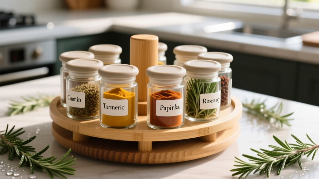 Overhead shot of modular glass spice jars with silicone sealing lids arranged on a bamboo carousel rack next to fresh rosemary