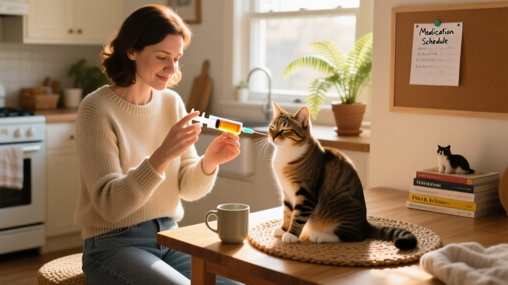 A calm, confident pet sitter preparing a syringe with liquid medication while a relaxed cat sits nearby