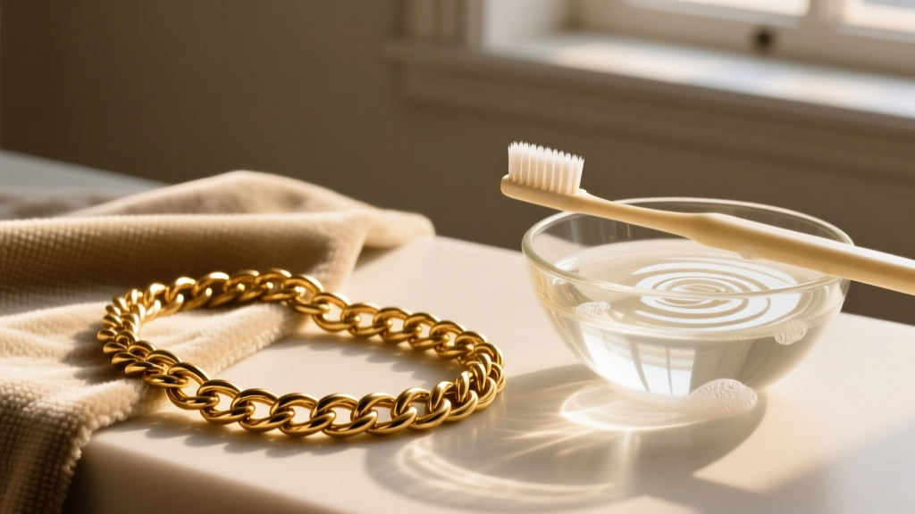 Tarnished 18k gold rope chain on a microfiber cloth next to a glass bowl of soapy water and a soft toothbrush in warm lighting.