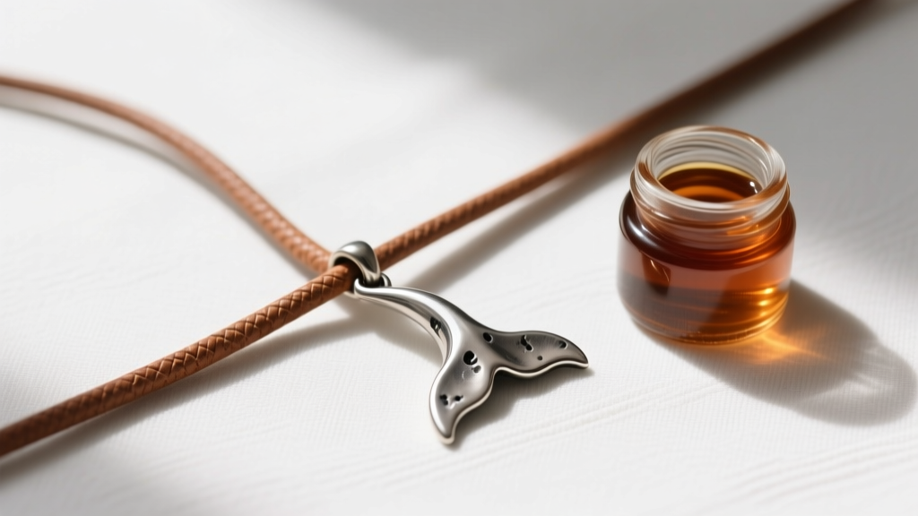 Overhead flat lay of 2.5mm kangaroo leather cord, a raw pewter whale tail pendant, and a small jar of liver of sulfur patina gel
