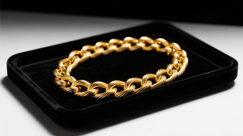 Tangled 18k yellow gold cable chain resting on a dark velvet jewelry tray, illuminated by soft directional studio lighting