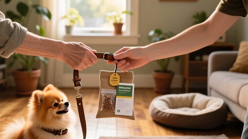 Two hands gently exchanging a leash and small welcome kit (collar tag, treat bag, and care guide) between a current and future owner