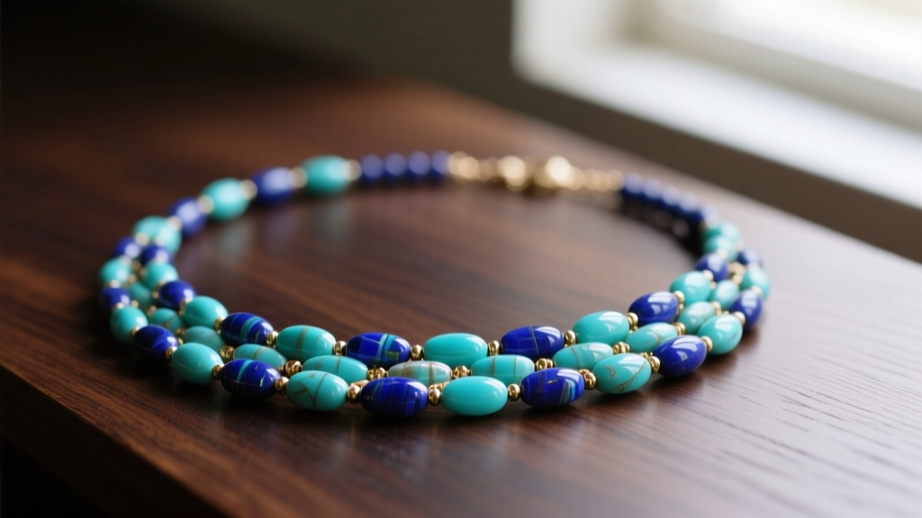 Close-up of vibrant lapis lazuli and turquoise semi precious beads necklace on dark oak wood under soft natural window lighting.