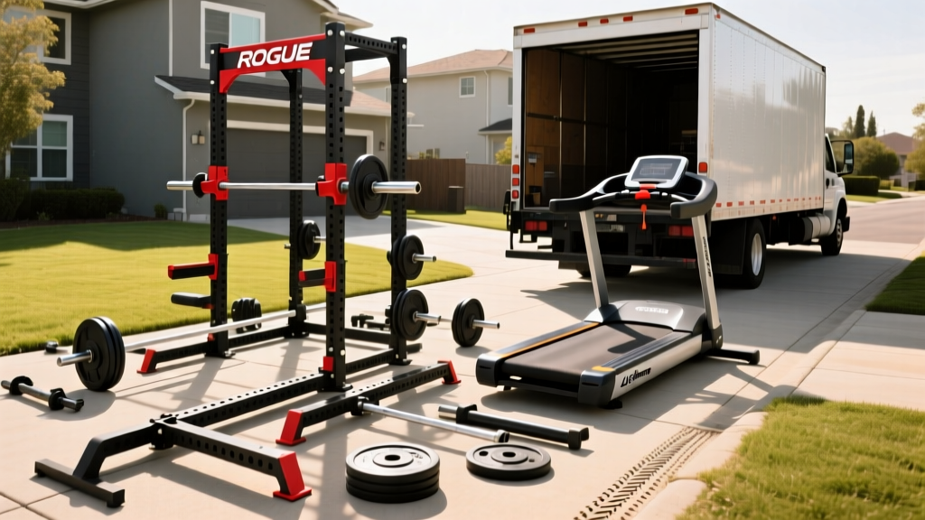 Dismantled Rogue power rack and Life Fitness treadmill staged in a driveway for charity pickup next to a box truck