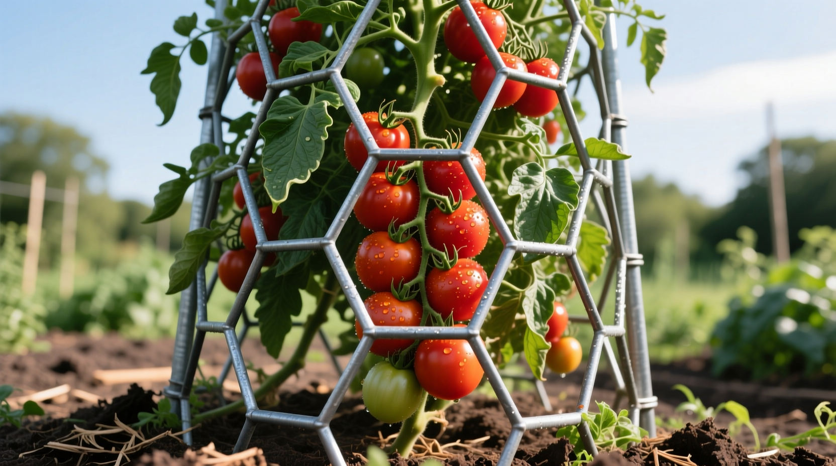 Heavy duty tomato cage supporting mature indeterminate plants