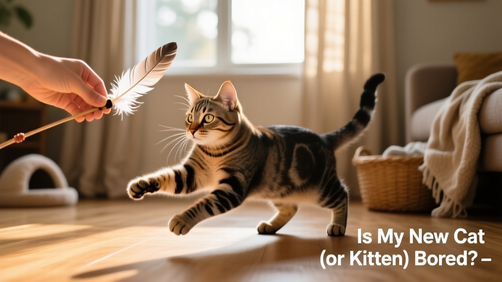 A cat mid-pounce on a feather wand toy held by a hand