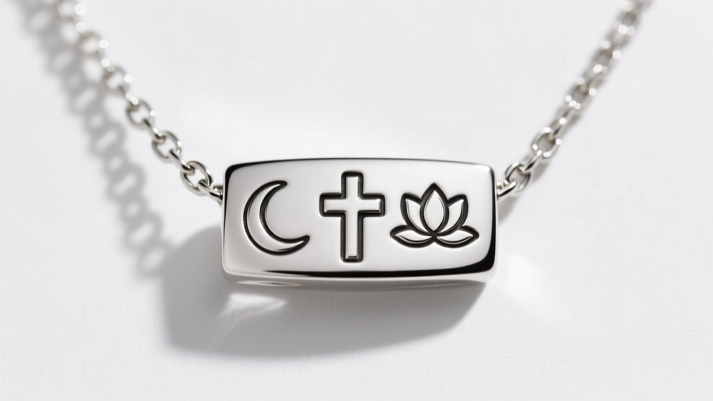 Macro shot of a sterling silver interfaith necklace bail with a laser-welded jump ring on a 1.2mm box chain