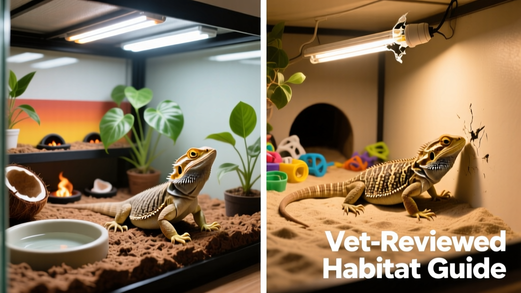 Side-by-side comparison of ideal vs. suboptimal bearded dragon habitat setups
