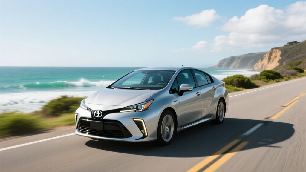 Fifth-generation Toyota Prius driving on a coastal highway demonstrating aerodynamic efficiency and modern hybrid design