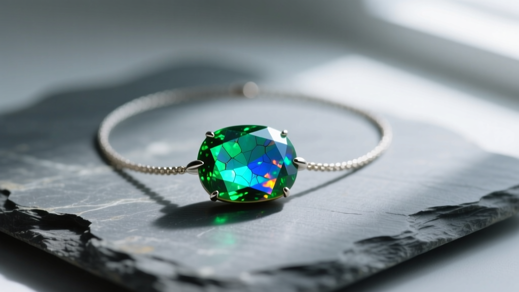 Macro shot of a solid boulder opal crystal necklace on slate, displaying vivid green and blue play-of-color under soft lighting.