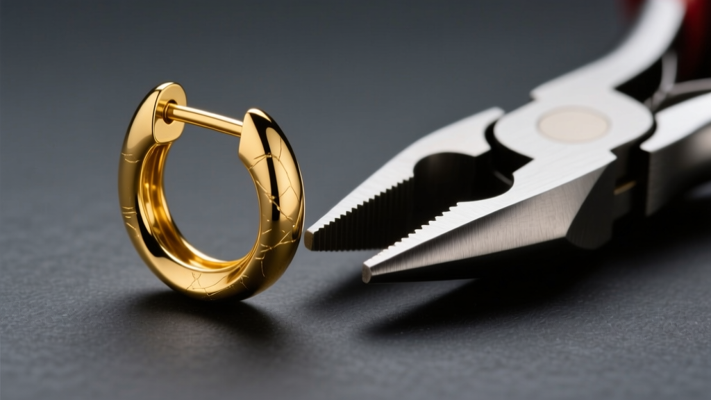 Macro photography of a bent 18k yellow gold earring post next to jewelry pliers on a dark slate surface, studio lighting.