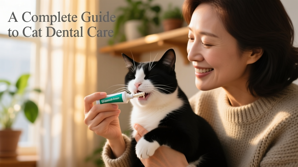 Owner gently brushing a calm cat's teeth with a finger brush and cat-safe toothpaste
